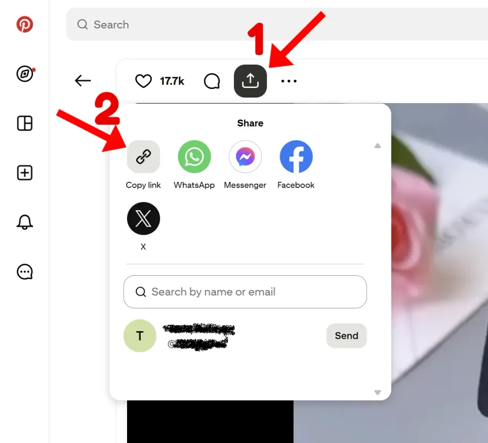 Copying a Pinterest pin link from the share popup on desktop